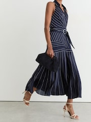 Reiss Navy Casey Striped Sleeveless Collared Midi Dress - Image 3 of 7
