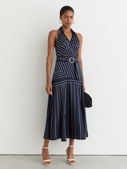 Reiss Navy Casey Striped Sleeveless Collared Midi Dress - Image 4 of 7