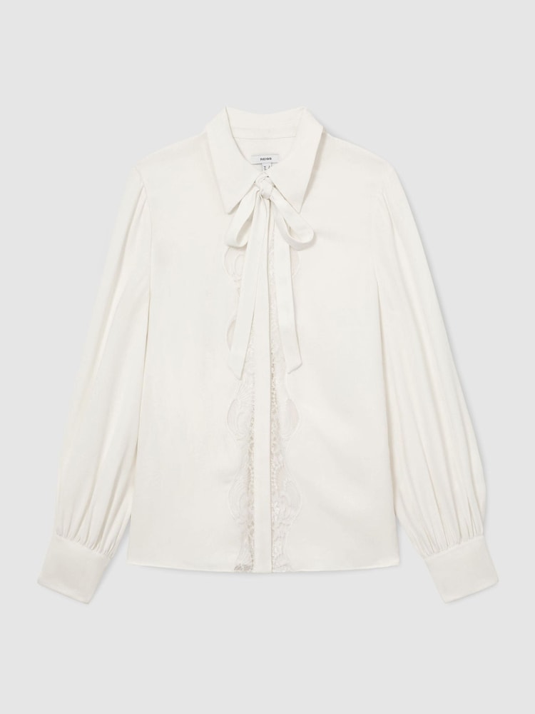 Reiss Estelle Lace-Trim Tie-Neck Blouson Shirt - Larawan 2 ng 9 Reiss Estelle Lace-Trim Tie-Neck Blouson Shirt - Larawan 2 ng 9