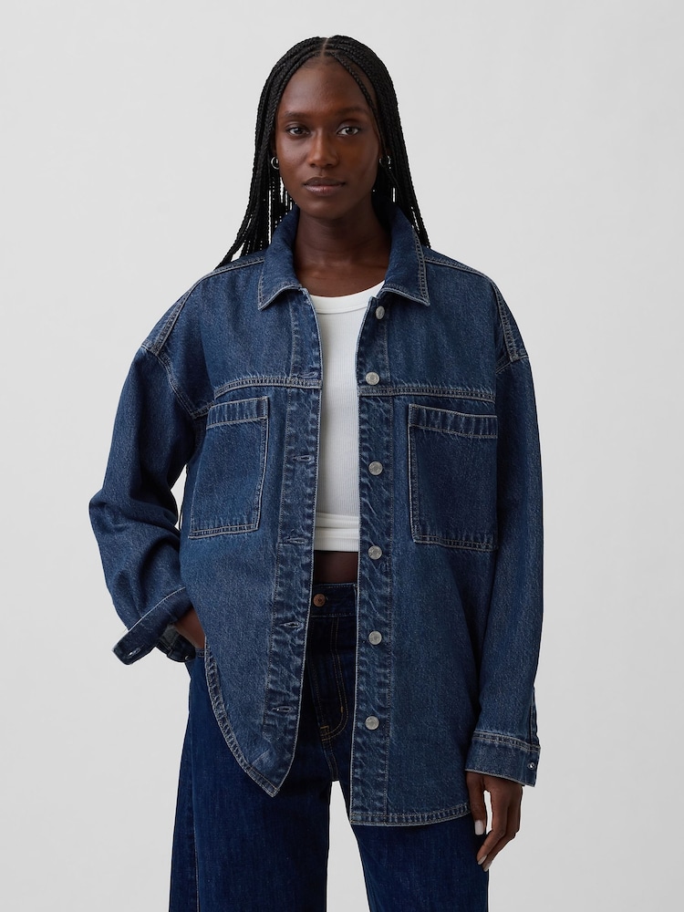 Gap Dark Wash Blue Oversized Denim Shirt Jacket - Image 1 of 4