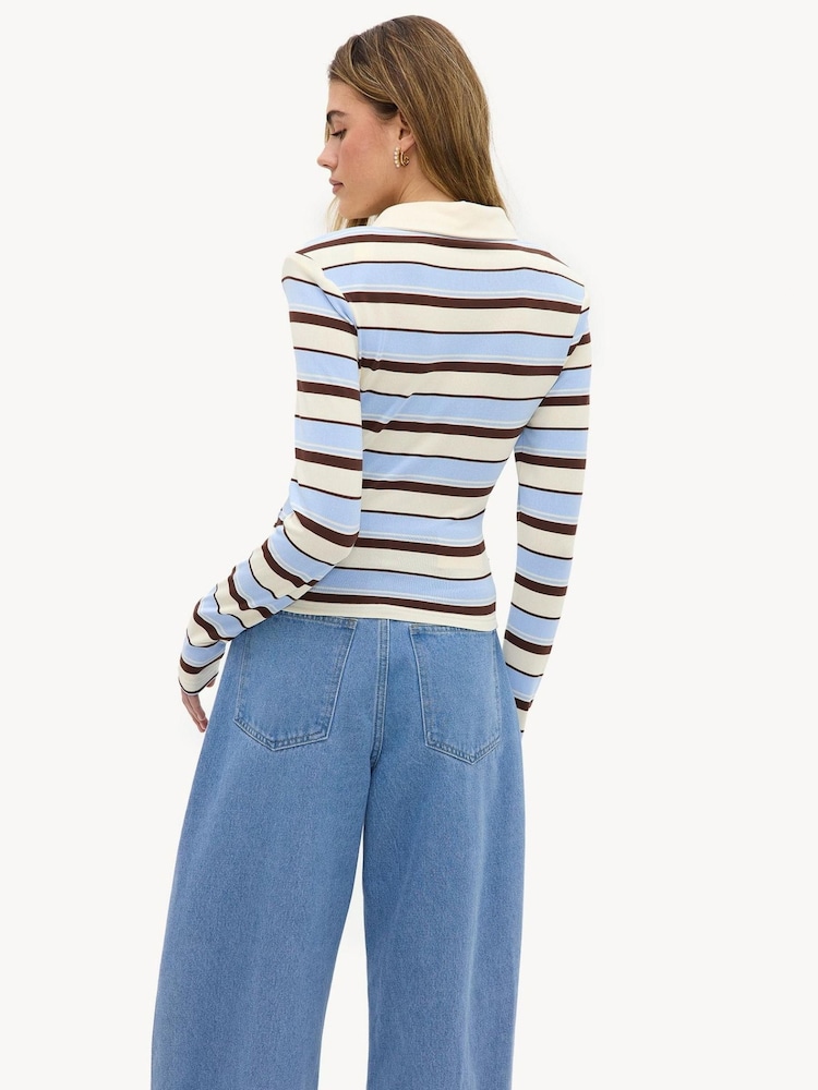 LOAVIES Blue Stripe Polo Shirt - Image 2 of 5 LOAVIES Blue Stripe Polo Shirt - Image 2 of 5