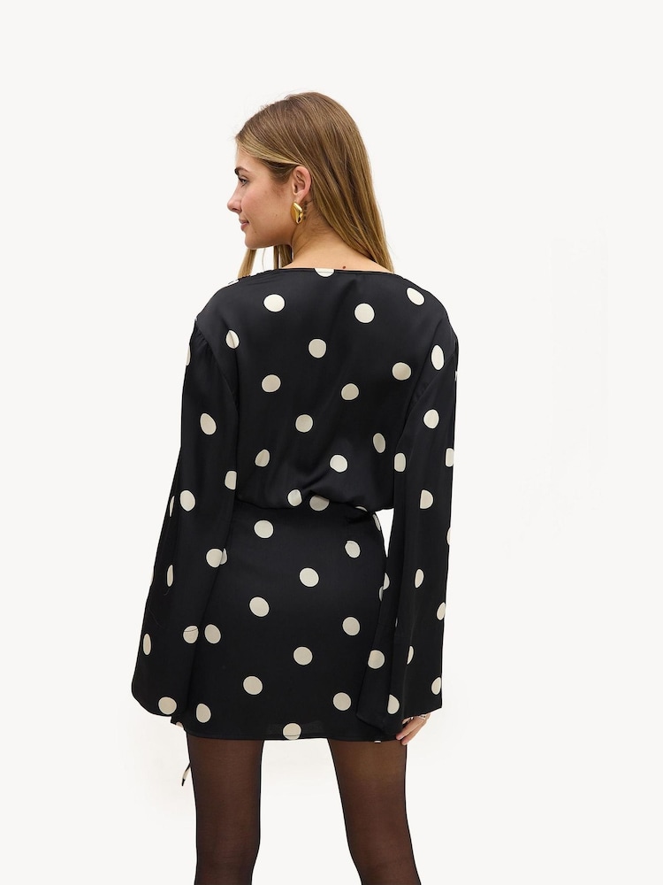 LOAVIES Black Polka Dot Wrap Mini Dress - Image 2 of 5 LOAVIES Black Polka Dot Wrap Mini Dress - Image 2 of 5