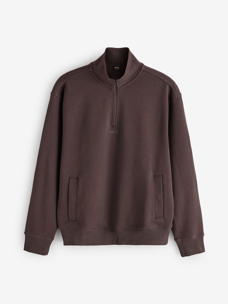 BOSS Brown Small Logo Quarter Zip Sweat Top - Image 1 of 1 BOSS Brown Small Logo Quarter Zip Sweat Top - Image 1 of 1