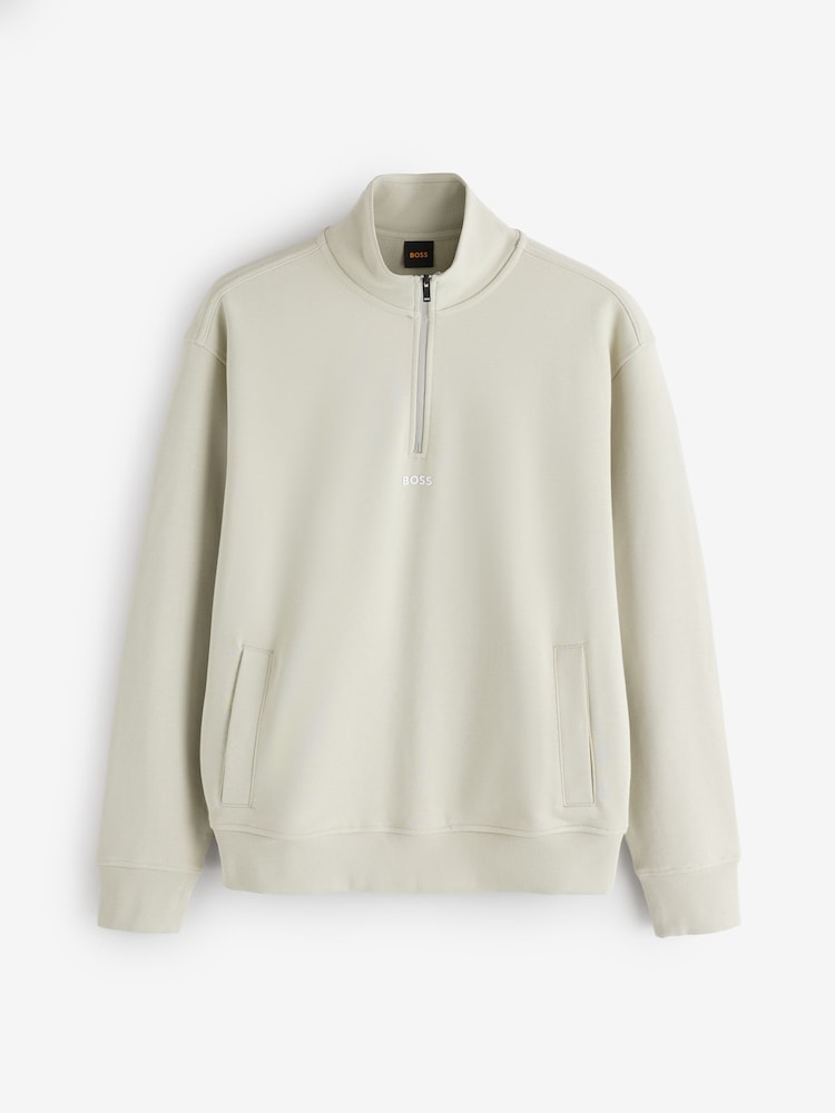 BOSS Natural Small Logo Quarter Zip Sweat Top - Image 1 of 1 BOSS Natural Small Logo Quarter Zip Sweat Top - Image 1 of 1