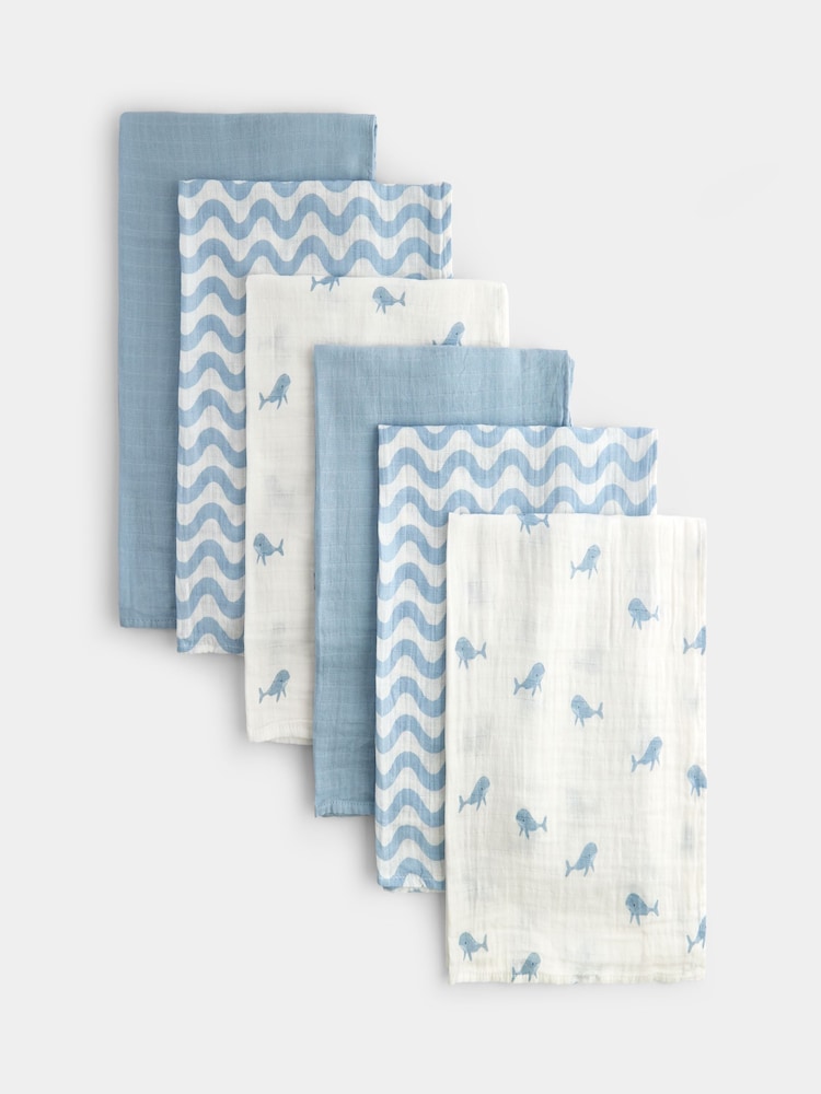 JoJo Maman Bébé Blue Whale 6-Pack Soft Muslins - Image 1 of 5 JoJo Maman Bébé Blue Whale 6-Pack Soft Muslins - Image 1 of 5