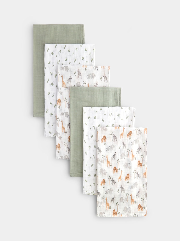 JoJo Maman Bébé Sage Green Safari 6-Pack Soft Muslins - Image 1 of 5 JoJo Maman Bébé Sage Green Safari 6-Pack Soft Muslins - Image 1 of 5