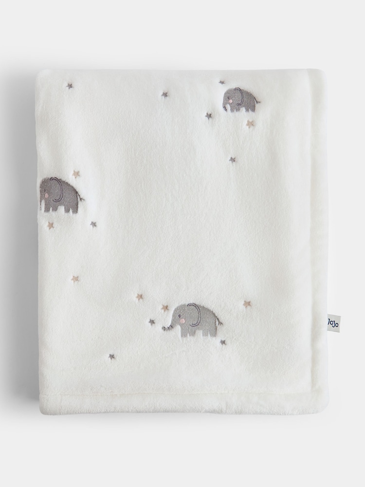 JoJo Maman Bébé Pure White Elephant Embroidered Fleece Blanket - Image 1 of 4 JoJo Maman Bébé Pure White Elephant Embroidered Fleece Blanket - Image 1 of 4