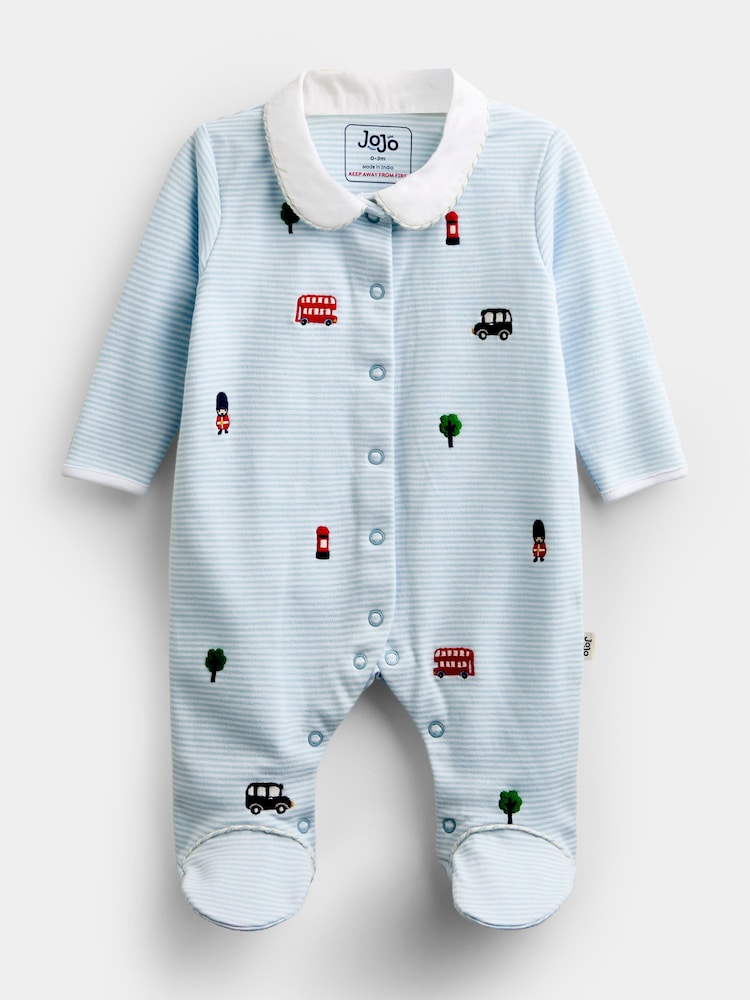 Jojo Maman Bébé Blue London Embroidered Sleepsuit - Image 1 of 4 Jojo Maman Bébé Blue London Embroidered Sleepsuit - Image 1 of 4