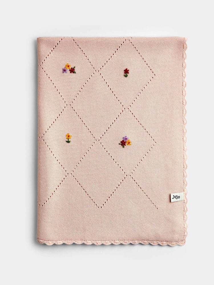 JoJo Maman Bébé Light Pink Floral Embroidered Baby Knitted Shawl Blanket - Image 1 of 4 JoJo Maman Bébé Light Pink Floral Embroidered Baby Knitted Shawl Blanket - Image 1 of 4