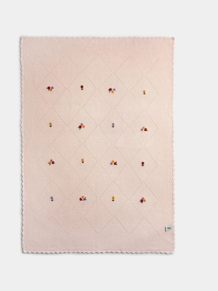 JoJo Maman Bébé Light Pink Floral Embroidered Baby Knitted Shawl Blanket - Image 2 of 4 JoJo Maman Bébé Light Pink Floral Embroidered Baby Knitted Shawl Blanket - Image 2 of 4