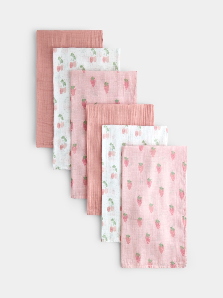 JoJo Maman Bébé Pink Strawberries & Cherries 6-Pack Soft Muslins - Image 1 of 5 JoJo Maman Bébé Pink Strawberries & Cherries 6-Pack Soft Muslins - Image 1 of 5