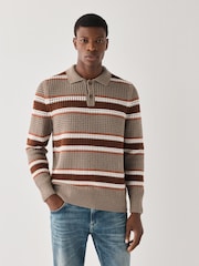 BOSS Brown Crochet Knitted Polo Shirt - Image 1 of 5