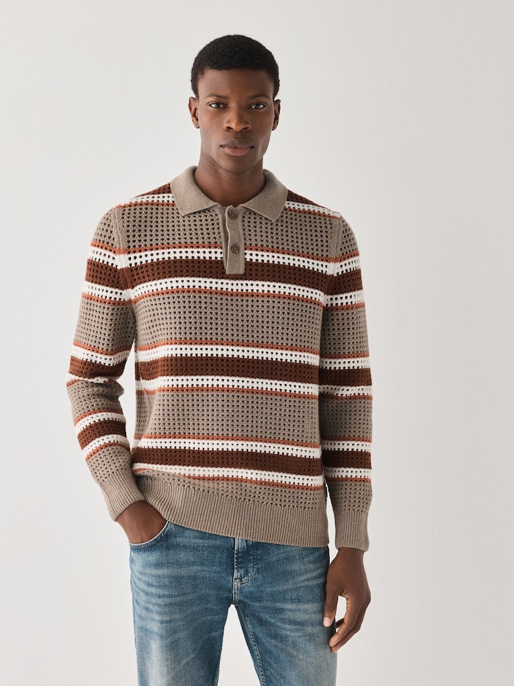 BOSS Brown Crochet Knitted Polo Shirt - Image 1 of 5 BOSS Brown Crochet Knitted Polo Shirt - Image 1 of 5