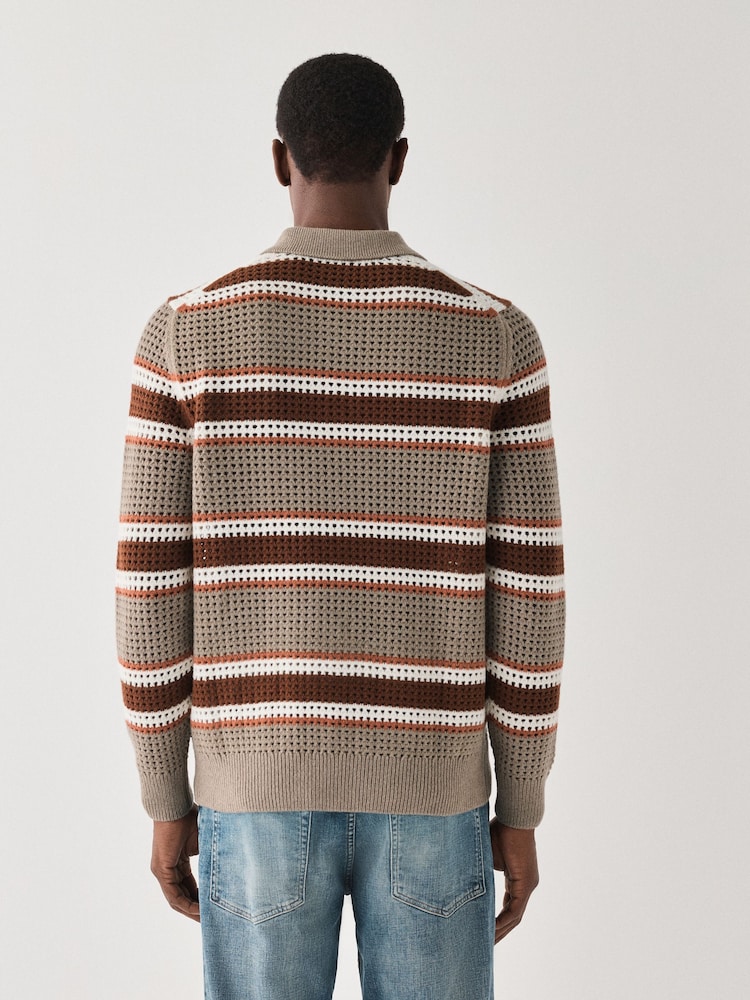 BOSS Brown Crochet Knitted Polo Shirt - Image 2 of 5 BOSS Brown Crochet Knitted Polo Shirt - Image 2 of 5