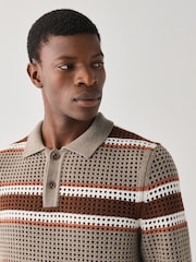 BOSS Brown Crochet Knitted Polo Shirt - Image 3 of 5