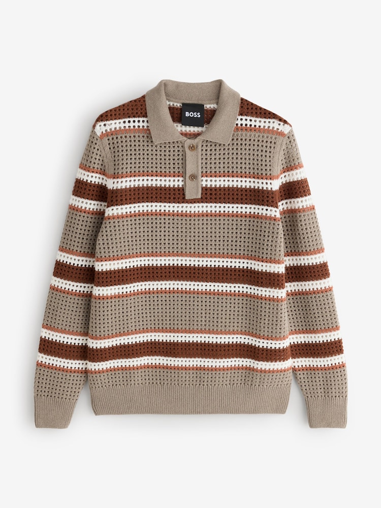 BOSS Brown Crochet Knitted Polo Shirt - Image 5 of 5 BOSS Brown Crochet Knitted Polo Shirt - Image 5 of 5