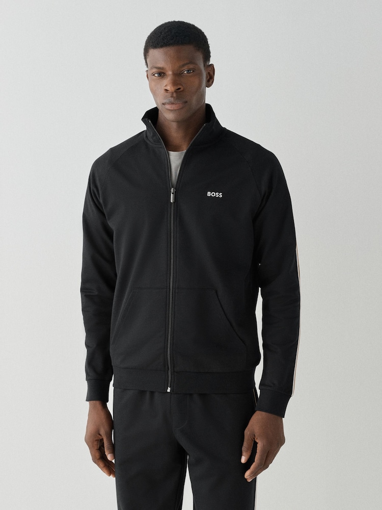 BOSS Black Iconic Logo Stripe Detail Zip Through Sweat Top - Image 1 of 4 BOSS Black Iconic Logo Stripe Detail Zip Through Sweat Top - Image 1 of 4