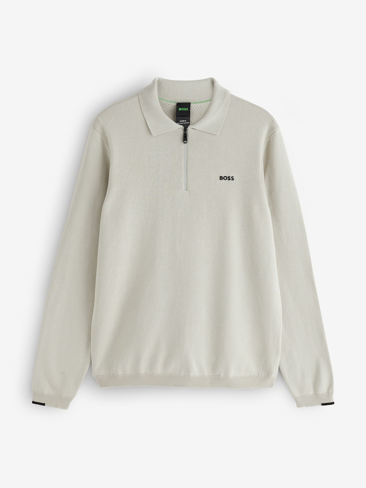 BOSS Cream Long Sleeve Regular Fit Ever Zip Neck Polo Shirt - Image 1 of 1 BOSS Cream Long Sleeve Regular Fit Ever Zip Neck Polo Shirt - Image 1 of 1