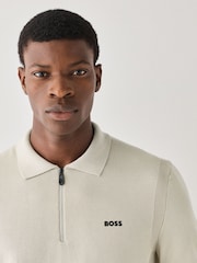 BOSS Cream Long Sleeve Regular Fit Ever Zip Neck Polo Shirt - Image 3 of 5