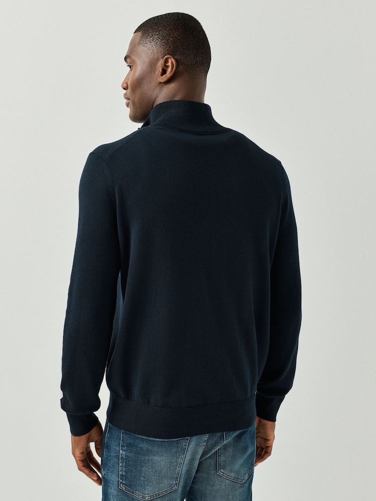 BOSS Navy Blue Regular Fit Logo Full Zip Cotton Cashmere Knitted Jumper - Image 2 of 4 BOSS Navy Blue Regular Fit Logo Full Zip Cotton Cashmere Knitted Jumper - Image 2 of 4