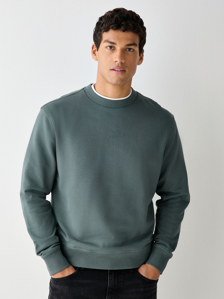 BOSS Teal Green Regular Fit Logo Crew Neck Sweat Top - Image 1 of 4 BOSS Teal Green Regular Fit Logo Crew Neck Sweat Top - Image 1 of 4