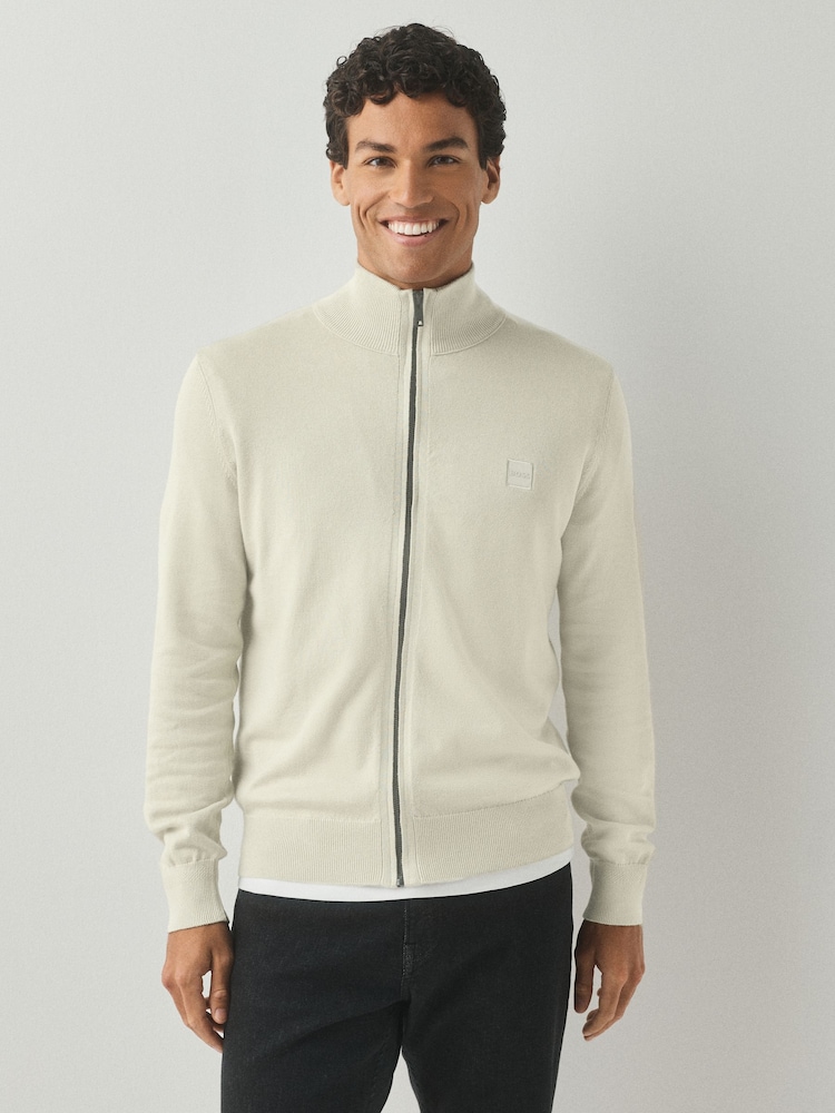 BOSS Natural Regular Fit Logo Full Zip Cotton Cashmere Knitted Jumper - Image 2 of 5 BOSS Natural Regular Fit Logo Full Zip Cotton Cashmere Knitted Jumper - Image 2 of 5
