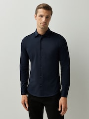 BOSS Navy Blue Regular-Fit Logo Stretch Shirt - Image 1 of 4