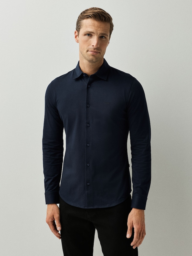 BOSS Navy Blue Regular-Fit Logo Stretch Shirt - Image 1 of 4 BOSS Navy Blue Regular-Fit Logo Stretch Shirt - Image 1 of 4