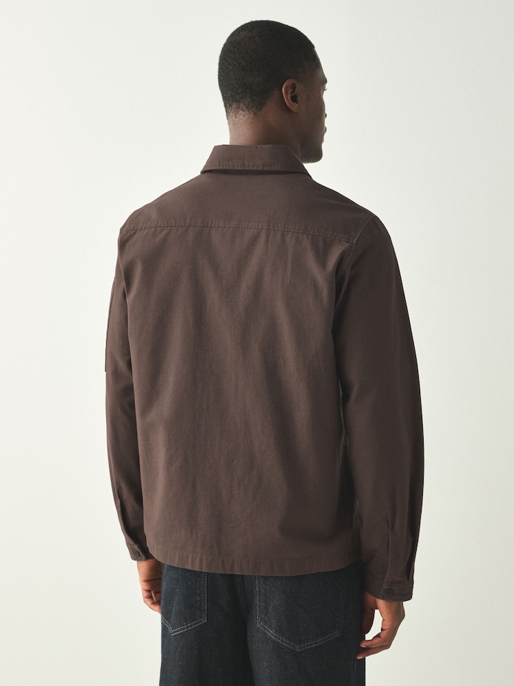 HUGO Brown Regular Fit Zip Through Overshirt - Image 2 of 4 HUGO Brown Regular Fit Zip Through Overshirt - Image 2 of 4