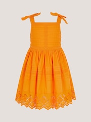 Monsoon Orange Broderie Pleated Cotton Dress - Image 1 of 2
