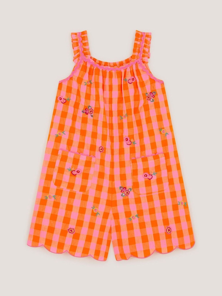 Monsoon Orange Embroidered Gingham Playsuit - Image 1 of 2 Monsoon Orange Embroidered Gingham Playsuit - Image 1 of 2
