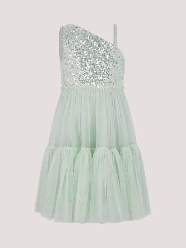 Monsoon Green Asymmetrical Sequin Tulle Party Dress - Image 1 of 2