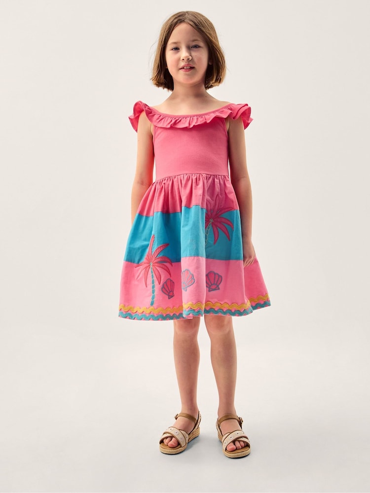 Monsoon Pink Shell Embroidered Colourblock Dress - Image 1 of 4