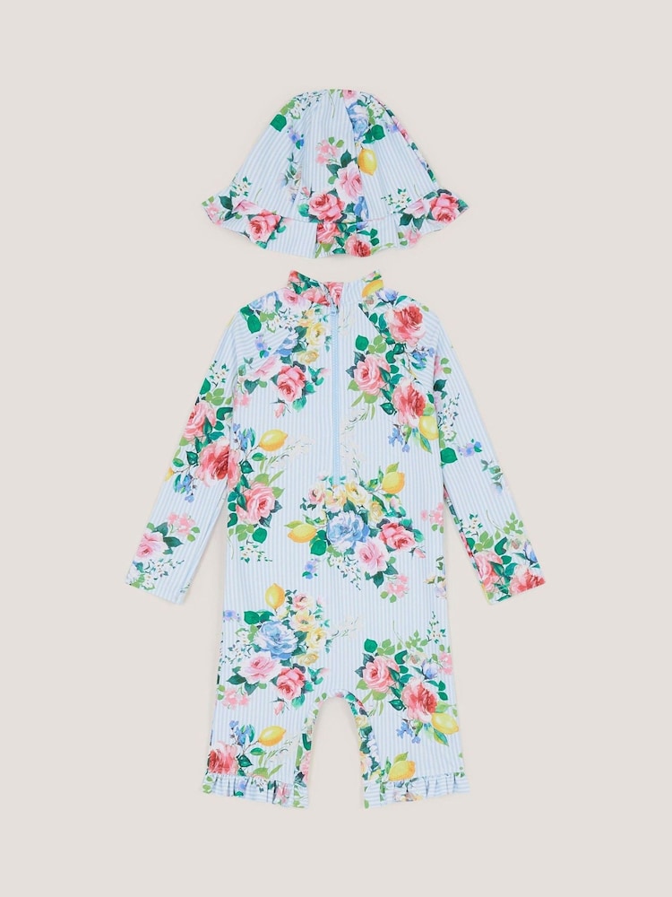 Monsoon Blue Baby Floral Stripe UPF50+ Swimsuit & Sun Hat - Image 1 of 2 Monsoon Blue Baby Floral Stripe UPF50+ Swimsuit & Sun Hat - Image 1 of 2