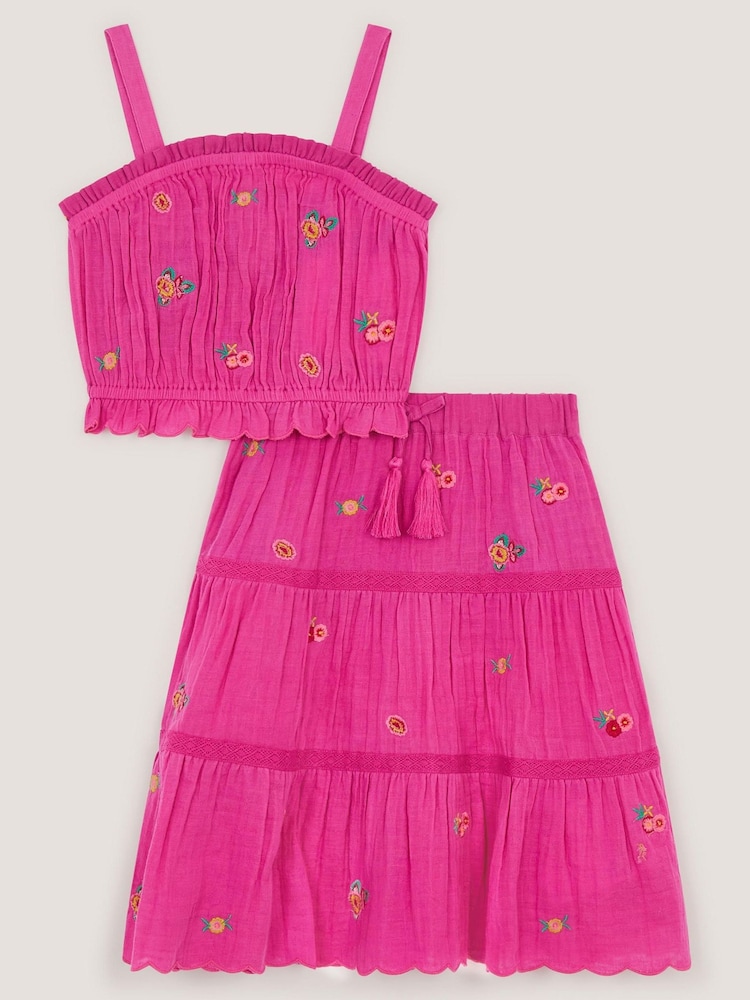 Monsoon Pink Embroidered Floral Top & Skirt Set - Image 1 of 2