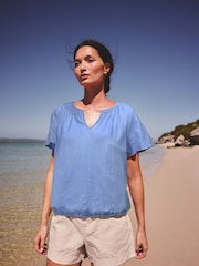 Blue Short Sleeve Notch Neck Shirred Bubblehem Top - Image 1 of 1