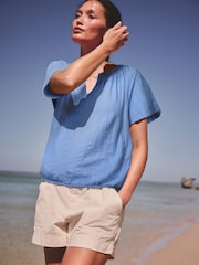 Blue Short Sleeve Notch Neck Shirred Bubblehem Top - Image 6 of 9