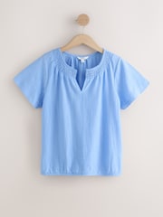 Blue Short Sleeve Notch Neck Shirred Bubblehem Top - Image 7 of 9