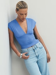 Blue Soft Touch Slinky V-Neck Ruched Short Sleeve Top - Image 1 of 7
