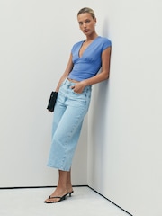 Blue Soft Touch Slinky V-Neck Ruched Short Sleeve Top - Image 2 of 7