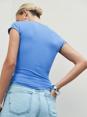 Blue Soft Touch Slinky V-Neck Ruched Short Sleeve Top - Image 3 of 7
