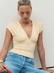 Yellow Soft Touch Slinky V-Neck Ruched Short Sleeve Top - Image 1 of 7