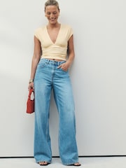 Yellow Soft Touch Slinky V-Neck Ruched Short Sleeve Top - Image 2 of 7