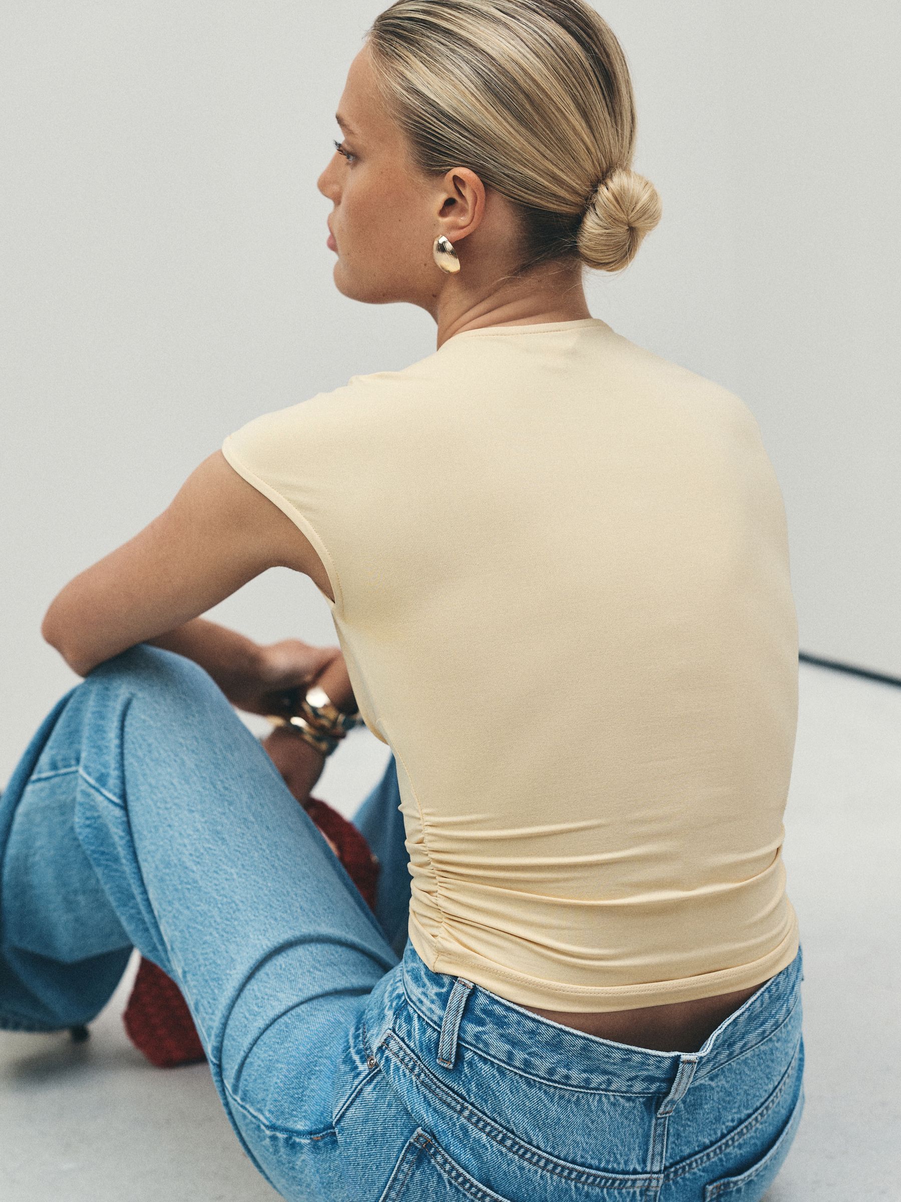 Buy Yellow Soft Touch Slinky V-Neck Ruched Short Sleeve Top from