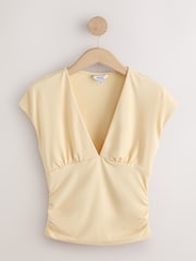 Yellow Soft Touch Slinky V-Neck Ruched Short Sleeve Top - Image 5 of 7