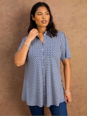 Live Unlimited Blue Petite Geo Print Short Sleeve Jersey Shirt - Image 1 of 4