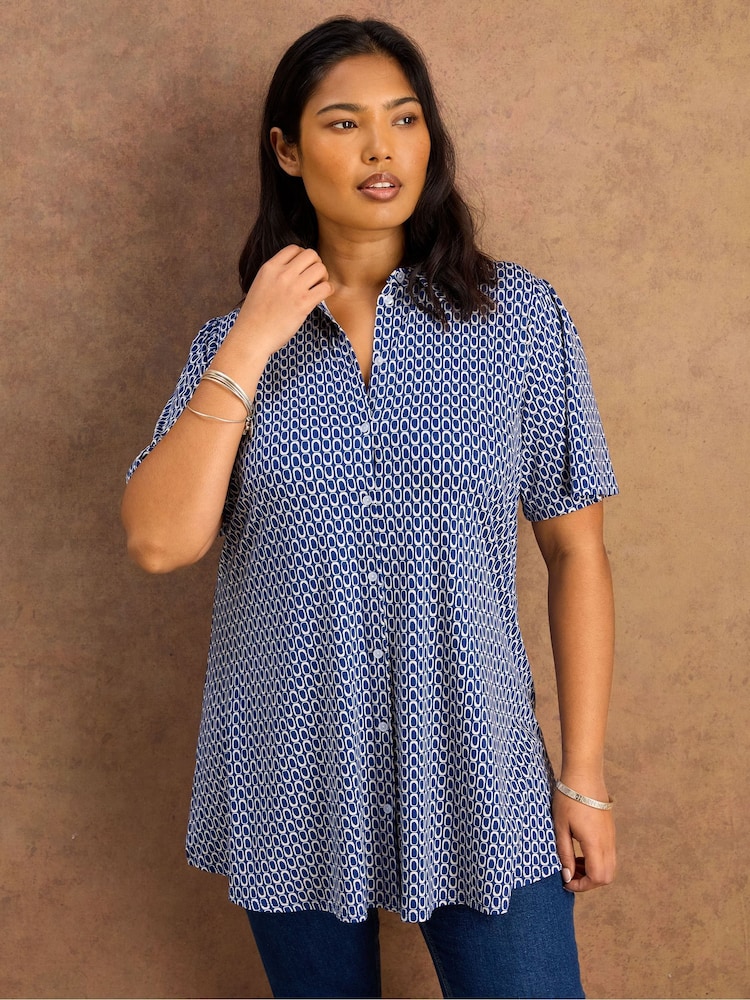 Live Unlimited Blue Petite Geo Print Short Sleeve Jersey Shirt - Image 1 of 4