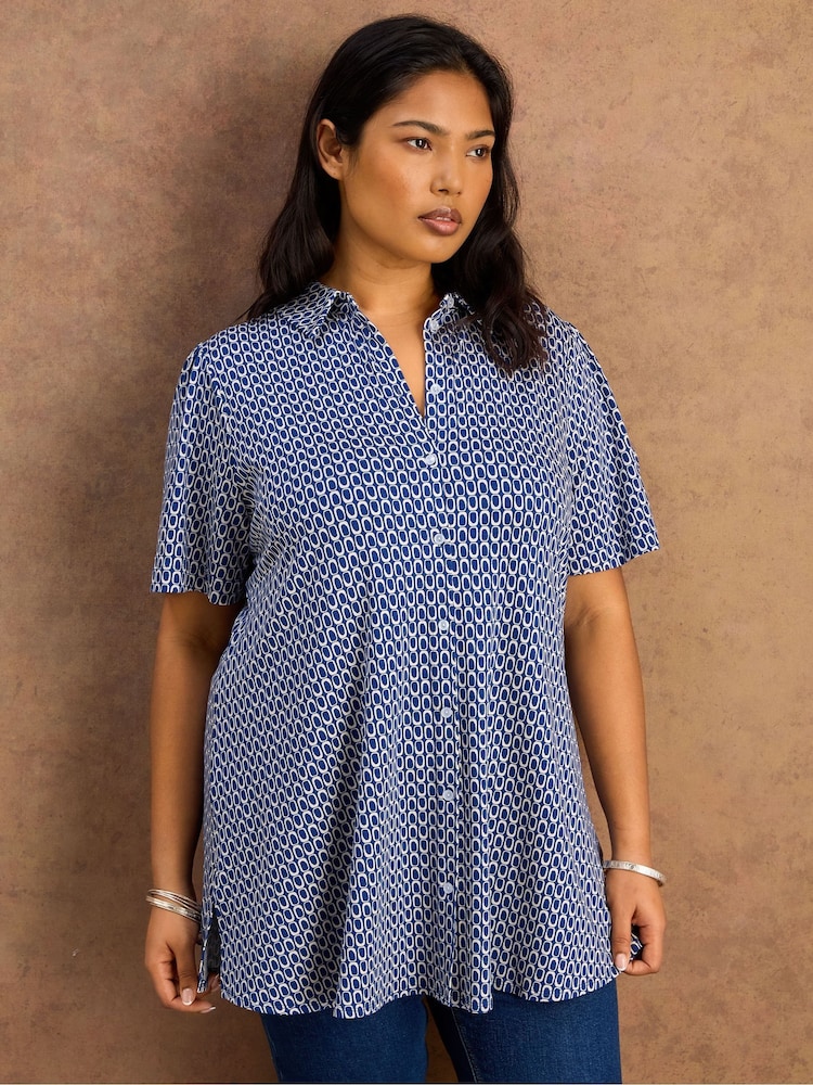 Live Unlimited Blue Petite Geo Print Short Sleeve Jersey Shirt - Image 4 of 4