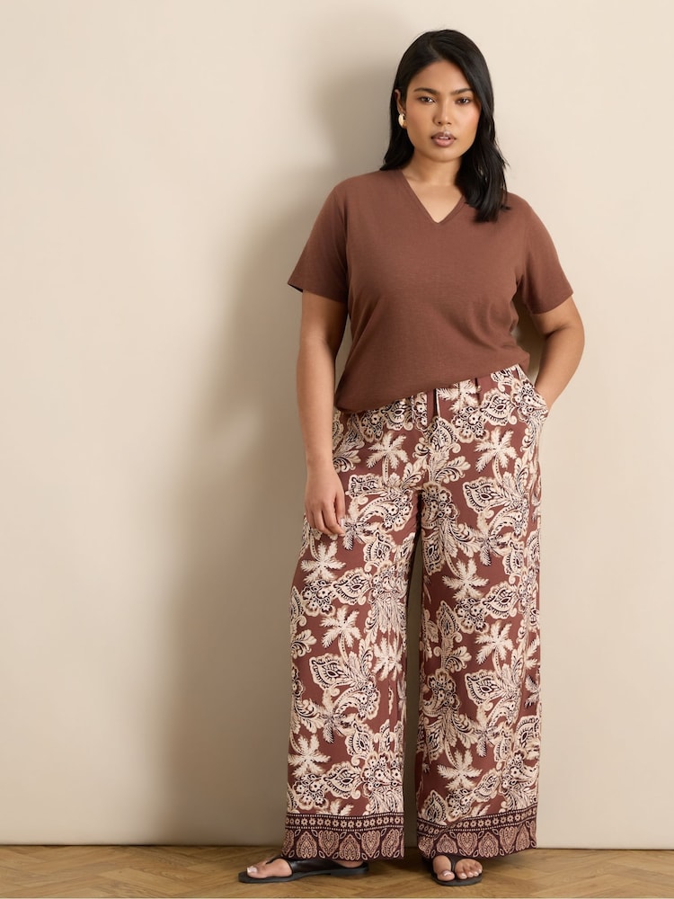 Live Unlimited Brown Floral Drawstring Wide Leg Trousers - Image 1 of 4 Live Unlimited Brown Floral Drawstring Wide Leg Trousers - Image 1 of 4