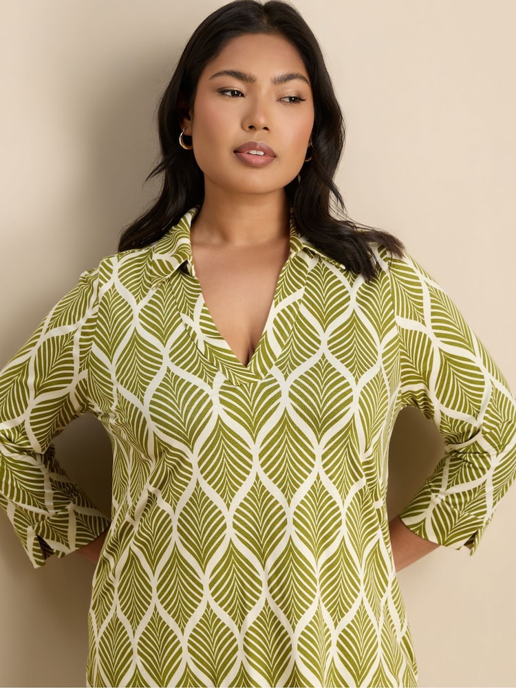 Live Unlimited Green Print Nehru Collar Short Sleeve Jersey Top - Image 1 of 1